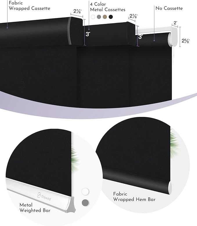 Graywind Motorized Roller Shade Work with Alexa Google 100% Blackout Rechargeable Smart Blinds Remote Control Battery Motor Cordless Window Shades, Customized Size (Matt Black)