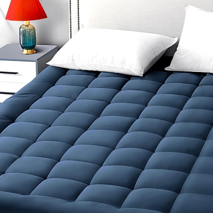 EASELAND California King Mattress Pad Pillow Top Mattress Cover Quilted Fitted Mattress Protector Long 8-21" Deep Pocket Cooling Mattress Topper (72x84 Inches, Dark Blue)