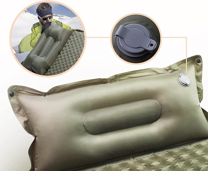 Double Camping Sleeping Pad with Pillow, 2" Memory Foam Camping Mattress 2 Person, 5R Insulated Self Inflating Camping Pad, Air Mattress Inflatable Sleeping Mat for Tent, Backpacking, Hiking (Blue)