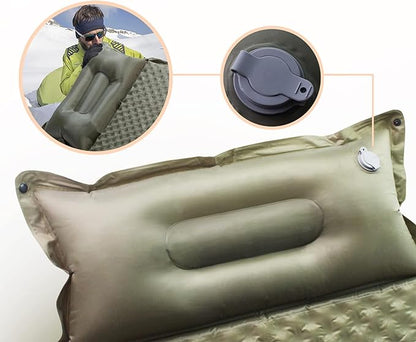 Double Camping Sleeping Pad with Pillow, 2" Memory Foam Camping Mattress 2 Person, 5R Insulated Self Inflating Camping Pad, Air Mattress Inflatable Sleeping Mat for Tent, Backpacking, Hiking (Green)