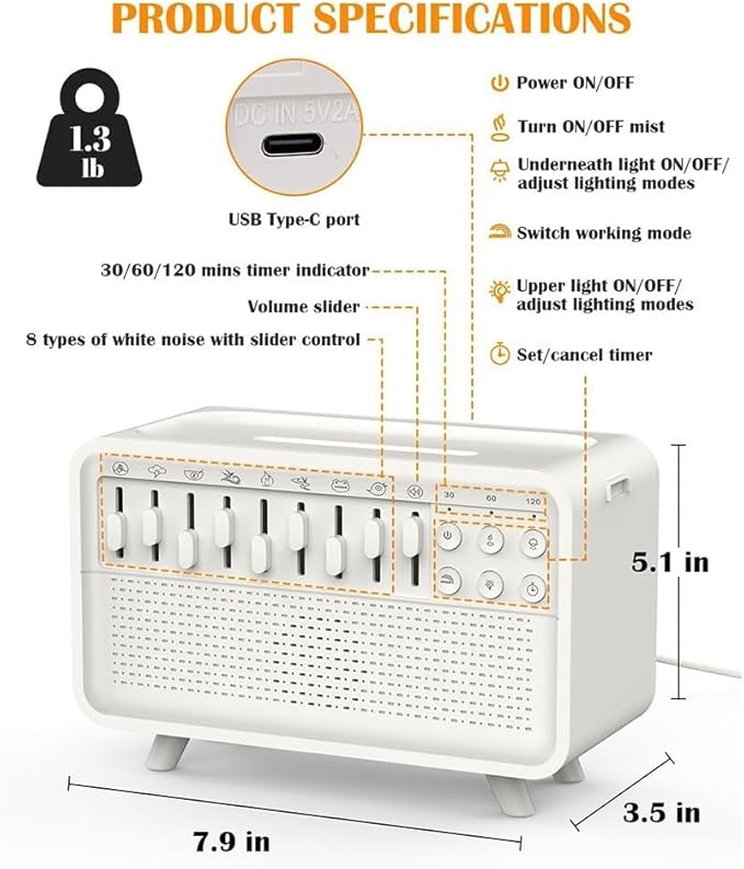 Machine Humidifier with Aroma Diffuser and Sleep Aid Night Light, Adjustable Sounds for Relaxation and Air Moisturizing