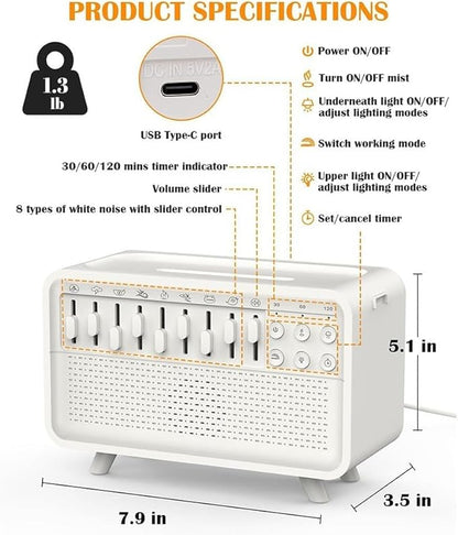 Machine Humidifier with Aroma Diffuser and Sleep Aid Night Light, Adjustable Sounds for Relaxation and Air Moisturizing