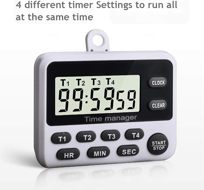 XREXS 4 Channels Digital Kitchen Timer Clock with Large LCD Display, 4 Groups Simultaneous Timing Countdown Up Magnetic Timer(Battery Included)
