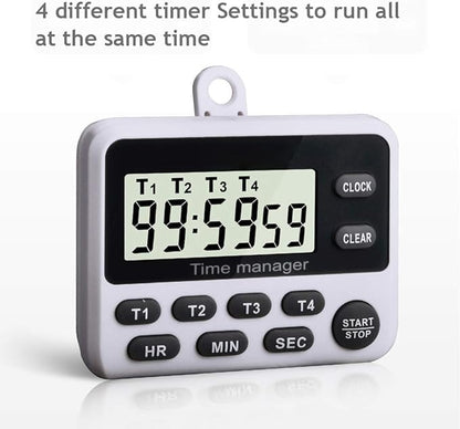 XREXS 4 Channels Digital Kitchen Timer Clock with Large LCD Display, 4 Groups Simultaneous Timing Countdown Up Magnetic Timer(Battery Included)