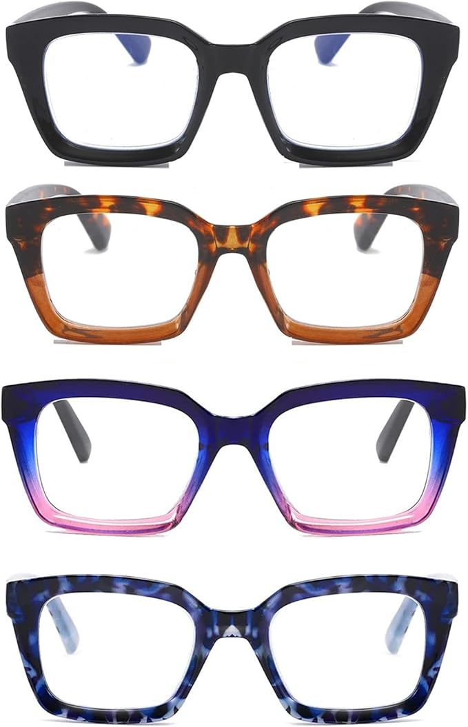 DXYXYO 4 Pack Oprah Style Oversized Computer Glasses Men and Women Fashion Square Blue Light Blocking Reader without Magnification