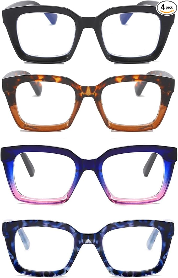 DXYXYO Blue Light Blocking Reading Glasses for Women 1.5 Men Oversized 4 Pack Rectangle Computer Readers Retro Fashion Oprah Style Square