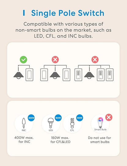 Meross Smart Light Switch Supports Apple Homekit, Siri, Alexa, Google Assistant & SmartThings, 2.4Ghz WiFi Light Switch, Neutral Wire Required, Single Pole, Remote Control Schedule, 2 Pack