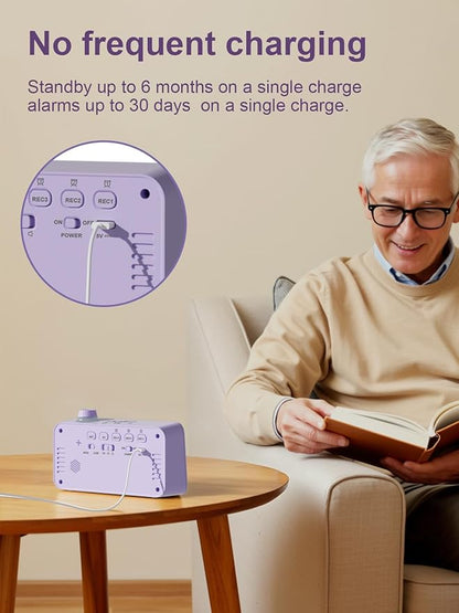 Medication Pill Reminder, Rechargeable Talking Alarm Clock with 3 Custom Voice Recording Alarms, Touch-to-Talk, a Digital Alarm Clocks Gift for Mom/Dad/Seniors/Elderly(Pruple)
