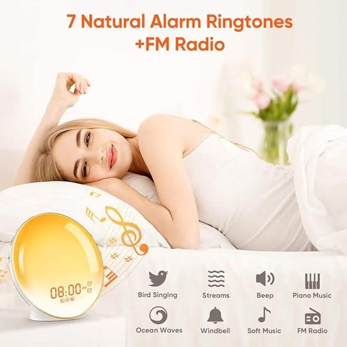 Smart Sunrise Alarm Clock: Simulated Sunrise & Sunset Wake-Up Light with APP/Voice Control, 7 Colour Night Light & 7 Soothing Sounds/FM, Natural Wake and Sleep Aid, Bedside Lamp Gift
