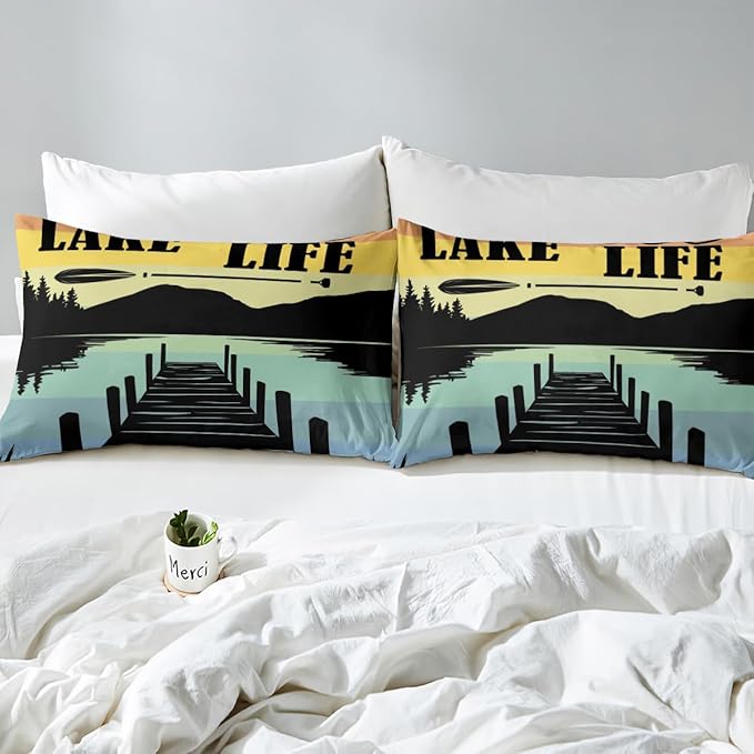 Lake Life Kids Fitted Sheet Queen Size,Adventure Camping Lake House Fishing Bedding Set,Boys Girls Room Decor,Rustic Cabin Outdoor Nature Bed Cover,Blue Black Bed Sheet,2 Pillowcases(No Top Sheet)