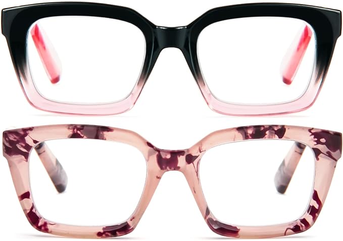 REAVEE 2 Pack Oprah Style Oversized Reading Glasses for Women Men Blue Light Blocking, Ladies Stylish RetroSquare Large Computer Readers (Black Pink/Pink Leopard 3.0x)