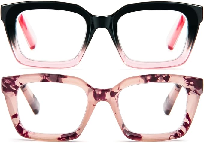 REAVEE 2 Pack Oprah Style Oversized Reading Glasses for Women Men Blue Light Blocking, Ladies Stylish RetroSquare Large Computer Readers (Black Pink/Pink Leopard 2.75x)