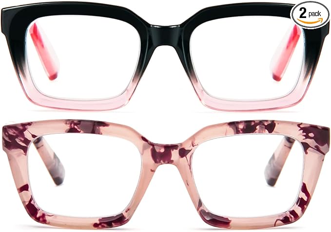 REAVEE 2 Pack Oprah Style Oversized Reading Glasses for Women Men Blue Light Blocking, Ladies Stylish RetroSquare Large Computer Readers (Black Pink/Pink Leopard 2.5x)
