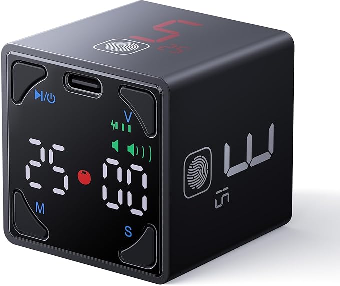 Pomodoro Timer Cube, Productivity Timer, Pause & Resume, Silent, Vibrate & Adjustable Sound Alert, for ADHD, Task, Work, Study, 1/3/5/10/15/25/45/60min & Custom Countdown, Black