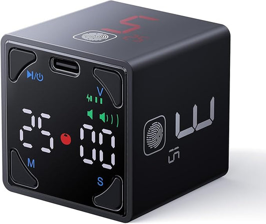 Pomodoro Timer Cube, Productivity Timer, Pause & Resume, Silent, Vibrate & Adjustable Sound Alert, for ADHD, Task, Work, Study, 1/3/5/10/15/25/45/60min & Custom Countdown, Black