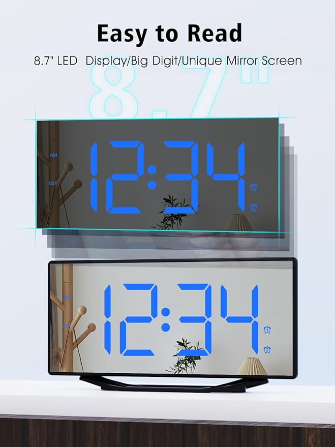 Alarm Clock for Bedroom,8.7"Big Display Digital LED Mirror Clock with 2 Alarms,Adjustable Dimmer&Volume,USB Phone Charger,Plug in Loud Basic Alarm Clock for Deep Sleeper Adult Kid Senior Teen Boy Girl