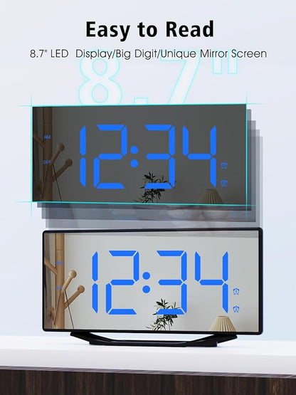 Alarm Clock for Bedroom,8.7"Big Display Digital LED Mirror Clock with 2 Alarms,Adjustable Dimmer&Volume,USB Phone Charger,Plug in Loud Basic Alarm Clock for Deep Sleeper Adult Kid Senior Teen Boy Girl