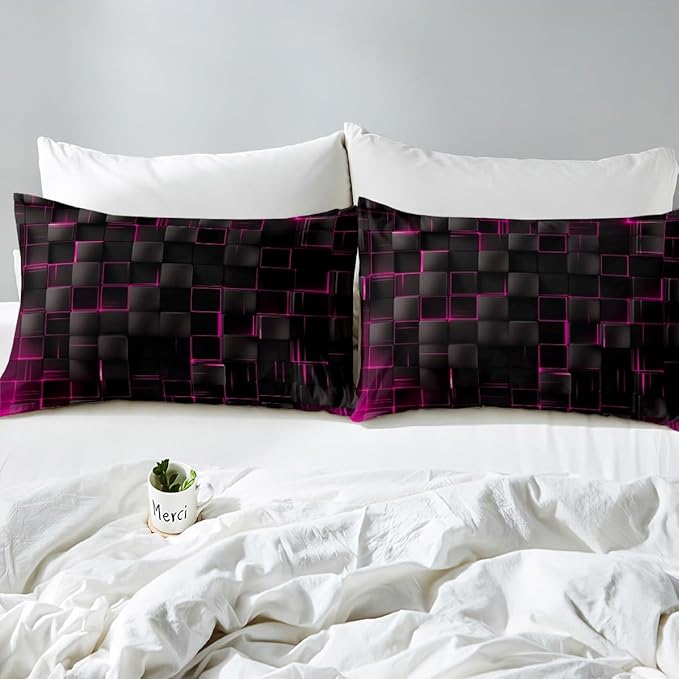Manfei Abstract Sheet Set Queen Size, Modern Geometric Square Grid Bed Sheet Set 4pcs with Deep Pocket Fitted Sheet + Flat Sheet + 2 Pillowcases, Rose and Black Bedding Set for Kids Boys Girls Adults