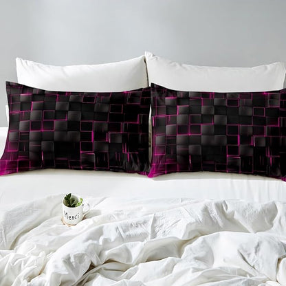 Manfei Abstract Sheet Set Full Size, Modern Geometric Square Grid Bed Sheet Set 4pcs with Deep Pocket Fitted Sheet + Flat Sheet + 2 Pillowcases, Rose and Black Bedding Set for Kids Boys Girls Adults