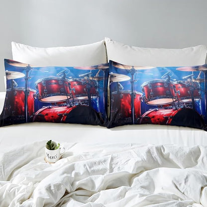 Manfei Red Drum Kit Kids Sheet Set King Size, Rock Music Theme Bed Sheet Set 4pcs (Fitted Sheet, Flat Sheet, 2 Pillowcases), Musical Instrument Bedding Set for Boys Girls Teens Bedroom Decor