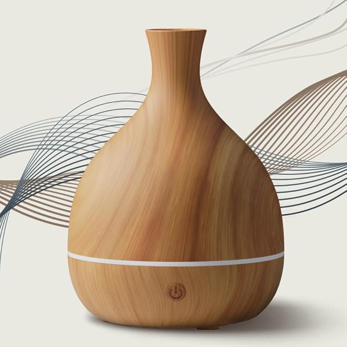 Essential Oil Diffuser with Power Adapter Included, 100ml Small Aromatherapy Scent Machine for Home & Office, 7 Color LED Quiet Mist Humidifier, Auto Shut-Off, Zen Vase Wood Grain