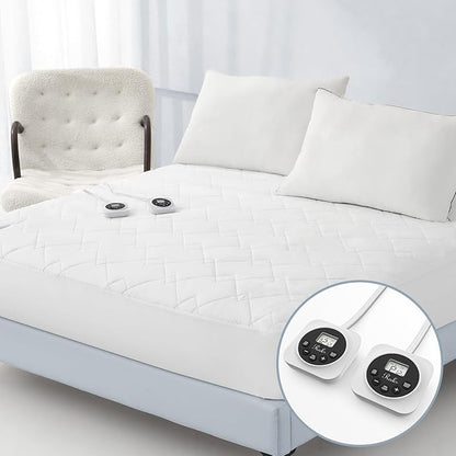 King Size Electric Heated Mattress Pad - Quilted Bed Warmer with Memory & Preheat Functions, 12 Heat Settings Dual Control for 1-12 Hours Auto Off, Lighted Button
