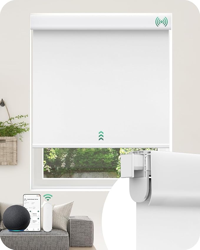 Allesin No Drill Motorized Blinds with Remote | Rechargeable Smart Blackout Roller Shades, Cordless Electric Window Blinds for Bedroom, Living Room, Home Office, White 35.5x72 Inches
