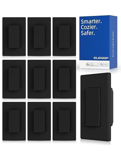 ELEGRP Smart Light Switch, 2.4GHz Wi-Fi Light Switch Compatible with Alexa & Google Assistant, Neutral Wire Required, APP Control and Timer Schedule, UL Certified,Single Pole, Black, 10 Pack