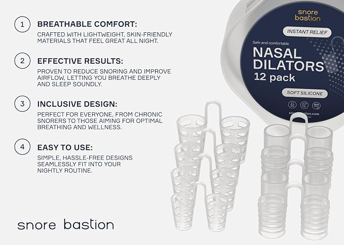 Nasal Dilators for Sleeping - 12 Nasal Cones for Breathing - Nostril Opener and Soft Silicone Nose Vents for Quiet Nights and Restful Sleep - Sinus Cones