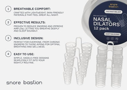 Nasal Dilators for Sleeping - 12 Nasal Cones for Breathing - Nostril Opener and Soft Silicone Nose Vents for Quiet Nights and Restful Sleep - Sinus Cones