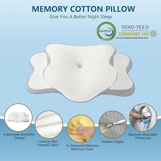 Ergonomic Pillow for Sleep Apnea, Neck Pain, and Snoring Relief | Cervical Neck Pillow for Side Sleepers | Orthopedic Memory Foam with Ergonomic Support, White