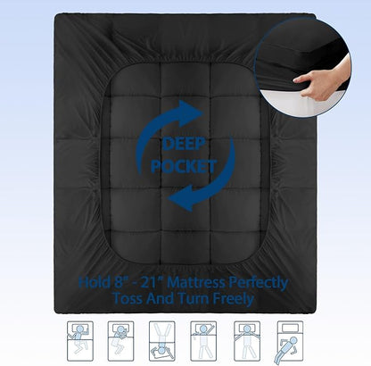 ELEMUSE Twin Black Cooling Bamboo Viscose Mattress Topper for Back Pain, Extra Thick Mattress Pad Cover, Plush Soft Pillowtop with Elastic Deep Pocket, Overfilled Down Alternative Filling