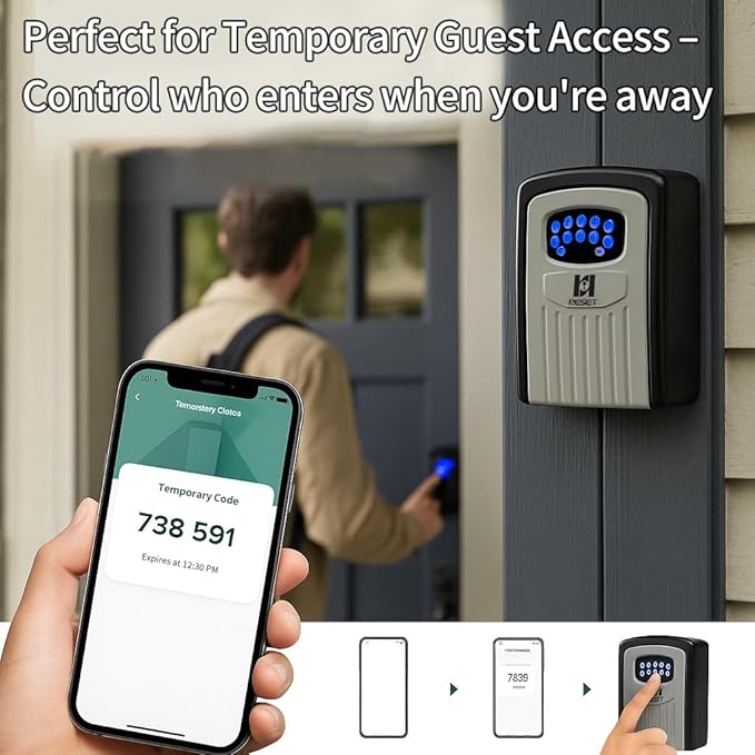 RESET-104 Bluetooth Key Lock Box – Weather-Resistant, IPX5,Durable Metal Construction, Backlit Keypad, Preset 6-Digit Code, Customizable to 8–10 Digits, Ideal for Outdoor Home or Office Use
