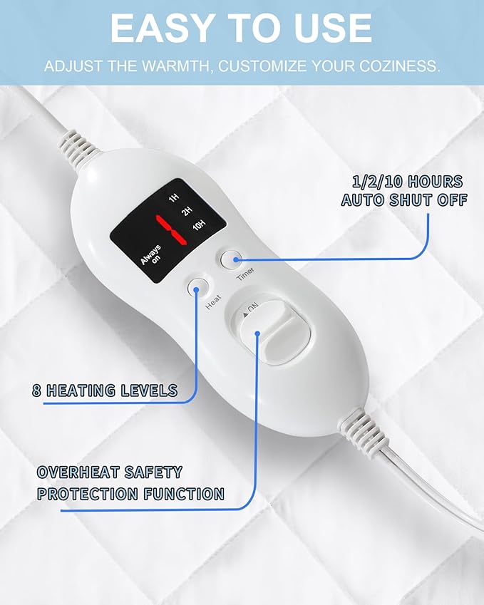 Heated Mattress Pad Queen Size - Electric Mattress Pad with Dual Control, Soft Blanket, Bed Warmer Heater Sheets, 8 Heating Settings,1/2/10 Hours Auto Shut Off, 60" x 80"(Argyle White, Queen)