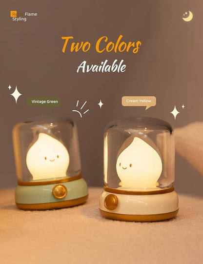 Cute Chibi Flame Lamp, Anime Cozy Lights, Retro Rechargeable Night Light, Decor, Cute Desk Accessories, Gifts 2 Pack (Yellow and Green)