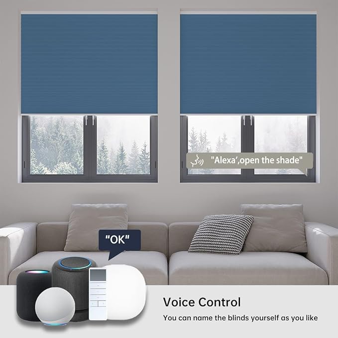 Motorized Cellular Shades with Remote, Blackout Smart Cellular Shades Compatible with Alexa, Cordless Honeycomb Window Blinds for Bedroom Home Office, Custom Size, Blackout Blue