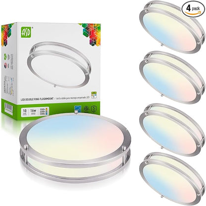 ASD LED 10" Round Flush Mount Lighting, Close to Ceiling Light Fixture | 3CCT, Dimmable, Energy Star, ETL Listed | 16W 1041LM 3000K-5000K 120V | Low Profile Double Ring Lamp | Nickel, 4 Pack