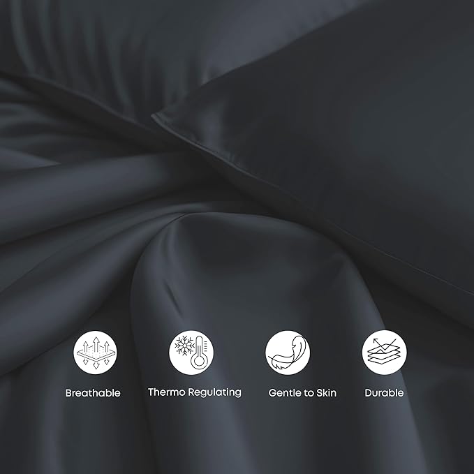 LINENWALAS King Flat Sheet Only - Rayon Derived from Bamboo Silk Bed Sheet, Premium Breathable Cooling Sheet, Soft Top Sheet, Black Halloween Bedsheet (King, Jet Black)
