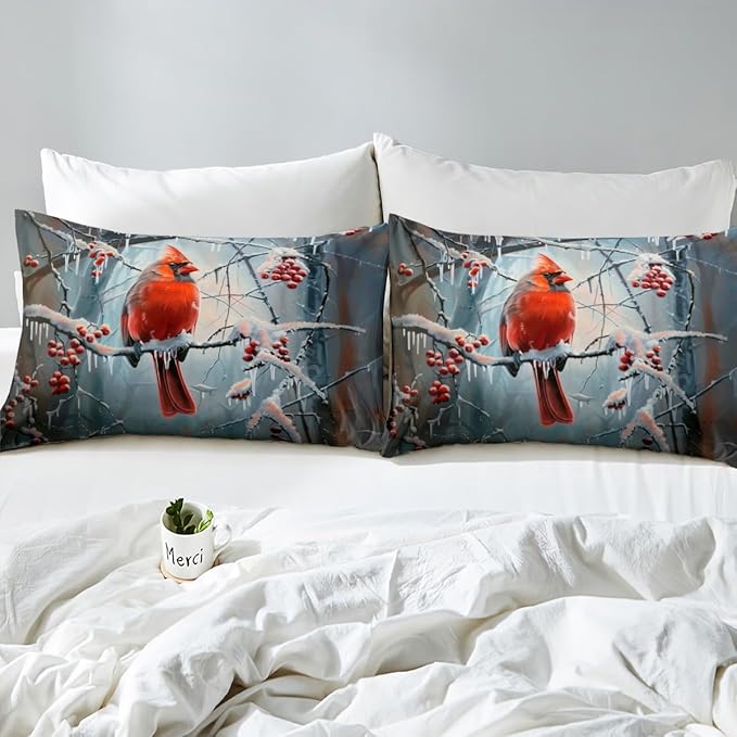Cardinal Kids Fitted Sheet Queen Size,Snowflake Dead Branch Bedding Set,Boys Girls Room Decor,Red Sparrow Rustic Bird Farm Animal Bed Cover,Red Grey Bed Sheet,2 Pillowcases