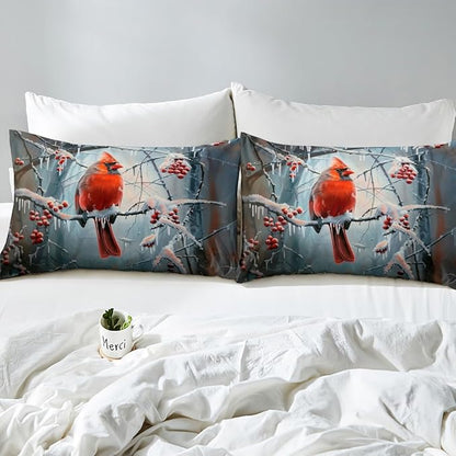 Cardinal Kids Fitted Sheet Queen Size,Snowflake Dead Branch Bedding Set,Boys Girls Room Decor,Red Sparrow Rustic Bird Farm Animal Bed Cover,Red Grey Bed Sheet,2 Pillowcases