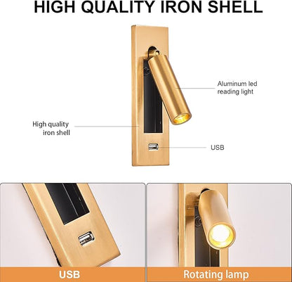 LED Wall Light Bedside Reading Light, with USB Portable Charging Port, Lift Down Control Switch,Hardwire Recessed Unplugged (Gold)
