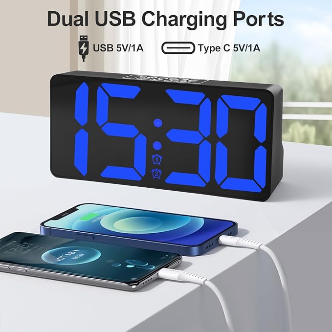 PPLEE Alarm Clock for Bedroom with Night Light & Bold Digits-7 in Digital Clock with Dual Alarms & USB Charger Ports,Battery Backup,Adjustable Brightness&Volume,DST, Loud Desk Clock for Heavy Sleeper
