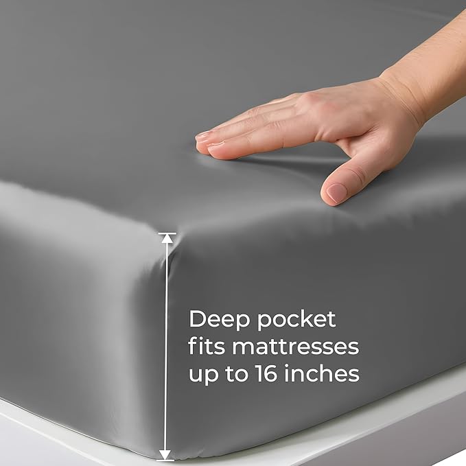 LINENWALAS Fitted Sheet Only Viscose Derived from Bamboo, Bottom Sheet for Queen Size Bed – 16” Deep Pocket, All Around Snug Fit – Cooling, Breathable, Soft, Hypoallergenic (Light Grey, Queen)