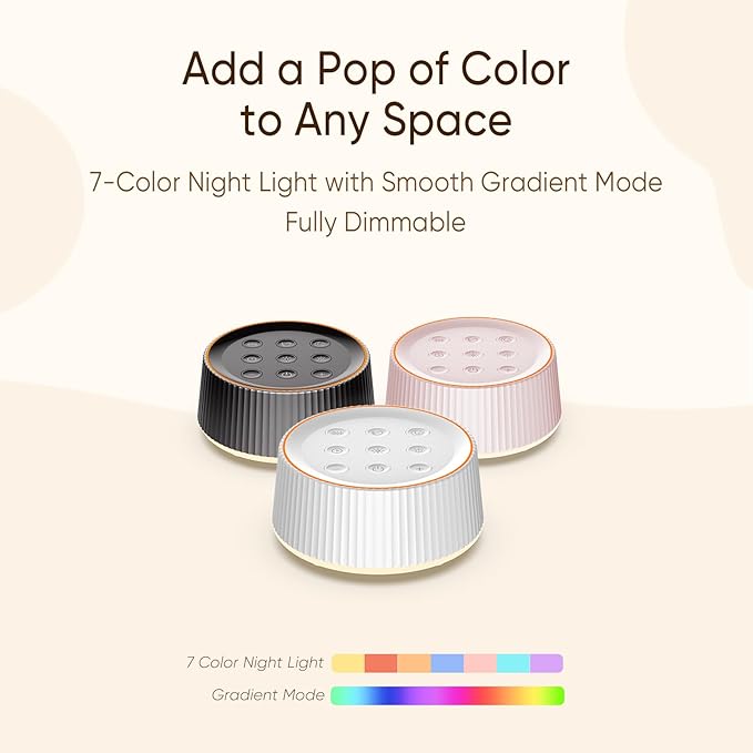 Kipcush White Noise Machine for Sleeping Baby Adults – Sound Machine with 8 Night Light Colors, Tap Control, 6 Timer Settings, Auto-Off & Memory, Portable Sleep Soother for Home & Travel
