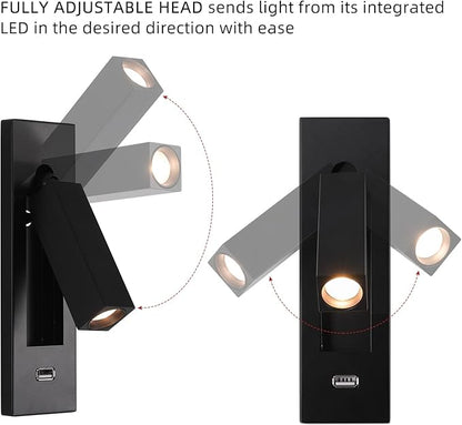 Wall Mounted Reading Light with USB, LED Bedside Reading Light with Switch, Adjustable Recessed Headboard Reading Lights Wall Sconce for Reading, Hardwired Reading Spotlight for Bedroom (Black)