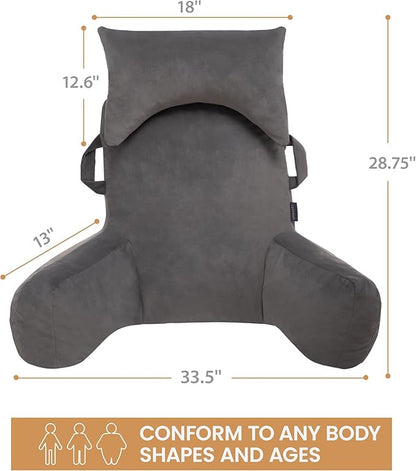 Portable Reading Pillows with Headrest for Bed Sitting Up(Light Grey Oeko-Tex), Velvet Back Pillow with Arms & Pockets for Adults, Support Memory Foam Bed Pillow for Dorm/Watching/Gaming