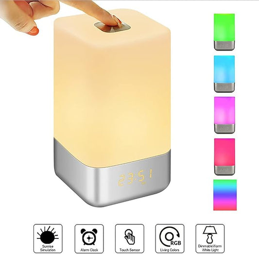 Smart Wake Up Light Alarm Clock, LED Table Lamp t-Button The Colorful Night Simulated Sunrise 3 Brightness Levels Adjustable