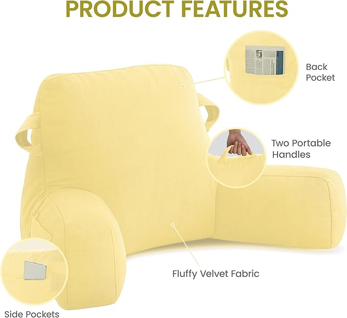 Portable Comfy Reading Pillows for Bed Sitting Up(Yellow Oeko-Tex), Velvet Back Pillow with Arms & Pockets for Adults, Support Memory Foam Bed Pillow for Dorm/Reading/Watching/Gaming