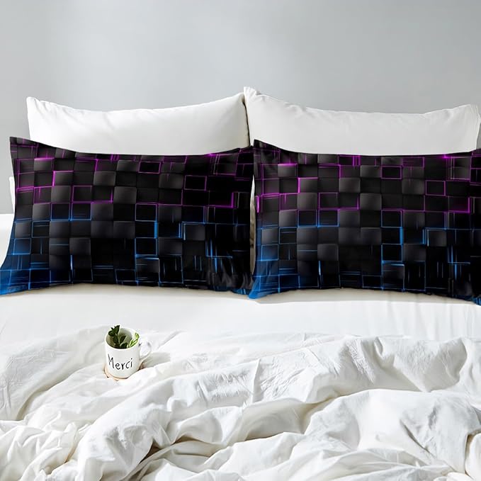 Manfei Rose and Blue Sheet Set King Size, Abstract Geometric Grid Bed Sheet Set 4pcs with Deep Pocket Fitted Sheet + Flat Sheet + 2 Pillowcases, Black Square Lattice Bedding Set for Kids Boys Adults
