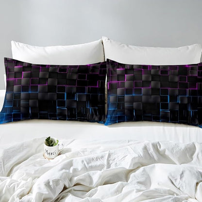 Manfei Rose and Blue Sheet Set Queen Size, Abstract Geometric Grid Bed Sheet Set 4pcs with Deep Pocket Fitted Sheet + Flat Sheet + 2 Pillowcases, Black Square Lattice Bedding Set for Kids Boys Adults